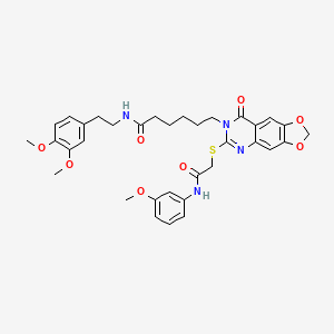 molecular formula C34H38N4O8S B2863625 N-[2-(3,4-dimethoxyphenyl)ethyl]-6-[6-({[(3-methoxyphenyl)carbamoyl]methyl}sulfanyl)-8-oxo-2H,7H,8H-[1,3]dioxolo[4,5-g]quinazolin-7-yl]hexanamide CAS No. 688061-75-8