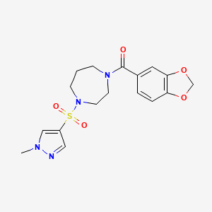 molecular formula C17H20N4O5S B2863653 1-(2H-1,3-benzodioxole-5-carbonyl)-4-[(1-methyl-1H-pyrazol-4-yl)sulfonyl]-1,4-diazepane CAS No. 2034543-15-0