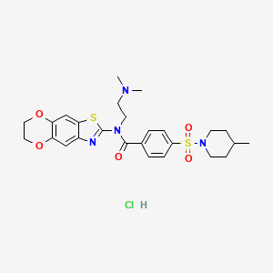 molecular formula C26H33ClN4O5S2 B2863886 N-(6,7-dihydro-[1,4]dioxino[2,3-f][1,3]benzothiazol-2-yl)-N-[2-(dimethylamino)ethyl]-4-(4-methylpiperidin-1-yl)sulfonylbenzamide;hydrochloride CAS No. 1321779-11-6