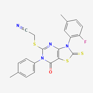 2-[[3-(2-Fluoro-5-methylphenyl)-6-(4-methylphenyl)-7-oxo-2-sulfanylidene-[1,3]thiazolo[4,5-d]pyrimidin-5-yl]sulfanyl]acetonitrile