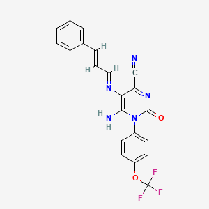 molecular formula C21H14F3N5O2 B2864130 6-氨基-2-氧代-5-[[(E)-3-苯基丙-2-烯亚胺]氨基]-1-[4-(三氟甲氧基)苯基]嘧啶-4-腈 CAS No. 1048915-35-0