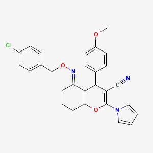 molecular formula C28H24ClN3O3 B2864154 (5E)-5-{[(4-chlorophenyl)methoxy]imino}-4-(4-methoxyphenyl)-2-(1H-pyrrol-1-yl)-5,6,7,8-tetrahydro-4H-chromene-3-carbonitrile CAS No. 860649-68-9