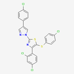 molecular formula C24H13Cl4N3S2 B2864223 2-[4-(4-chlorophenyl)-1H-pyrazol-1-yl]-5-[(4-chlorophenyl)sulfanyl]-4-(2,4-dichlorophenyl)-1,3-thiazole CAS No. 956977-54-1