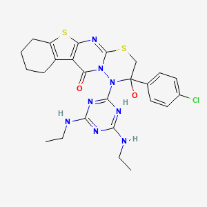 molecular formula C25H27ClN8O2S2 B2864229 1-(4,6-bis(ethylamino)-1,3,5-triazin-2-yl)-2-(4-chlorophenyl)-2-hydroxy-2,3,7,8,9,10-hexahydrobenzo[4',5']thieno[2',3':4,5]pyrimido[2,1-b][1,3,4]thiadiazin-11(1H)-one CAS No. 403830-51-3