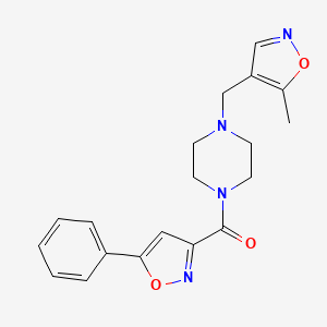 molecular formula C19H20N4O3 B2864230 (4-((5-Methylisoxazol-4-yl)methyl)piperazin-1-yl)(5-phenylisoxazol-3-yl)methanone CAS No. 2034336-26-8