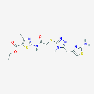 molecular formula C16H19N7O3S3 B2864233 ethyl 2-[2-({5-[(2-amino-1,3-thiazol-4-yl)methyl]-4-methyl-4H-1,2,4-triazol-3-yl}sulfanyl)acetamido]-4-methyl-1,3-thiazole-5-carboxylate CAS No. 835898-05-0