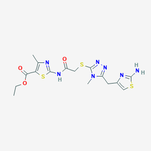molecular formula C16H19N7O3S3 B2864233 ethyl 2-(2-((5-((2-aminothiazol-4-yl)methyl)-4-methyl-4H-1,2,4-triazol-3-yl)thio)acetamido)-4-methylthiazole-5-carboxylate CAS No. 835898-05-0