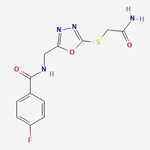 molecular formula C12H11FN4O3S B2864241 N-[[5-(2-amino-2-oxoethyl)sulfanyl-1,3,4-oxadiazol-2-yl]methyl]-4-fluorobenzamide CAS No. 903345-81-3