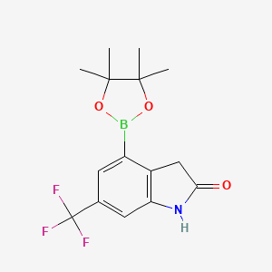 molecular formula C15H17BF3NO3 B2864266 4-(4,4,5,5-tetramethyl-1,3,2-dioxaborolan-2-yl)-6-(trifluoromethyl)-2,3-dihydro-1H-indol-2-one CAS No. 2304635-22-9