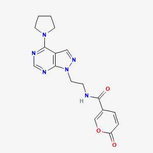 molecular formula C17H18N6O3 B2864288 2-oxo-N-(2-(4-(pyrrolidin-1-yl)-1H-pyrazolo[3,4-d]pyrimidin-1-yl)ethyl)-2H-pyran-5-carboxamide CAS No. 1171402-89-3