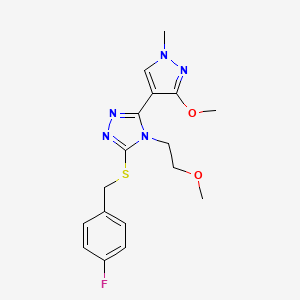 molecular formula C17H20FN5O2S B2864291 3-((4-fluorobenzyl)thio)-5-(3-methoxy-1-methyl-1H-pyrazol-4-yl)-4-(2-methoxyethyl)-4H-1,2,4-triazole CAS No. 1014094-78-0