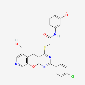 molecular formula C27H23ClN4O4S B2864305 2-((2-(4-chlorophenyl)-6-(hydroxymethyl)-9-methyl-5H-pyrido[4',3':5,6]pyrano[2,3-d]pyrimidin-4-yl)thio)-N-(3-methoxyphenyl)acetamide CAS No. 892384-01-9
