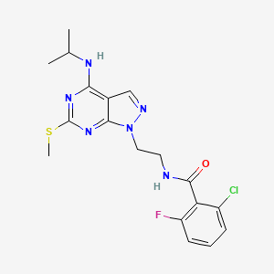 molecular formula C18H20ClFN6OS B2864326 2-氯-6-氟-N-(2-(4-(异丙氨基)-6-(甲硫基)-1H-吡唑并[3,4-d]嘧啶-1-基)乙基)苯甲酰胺 CAS No. 946313-28-6