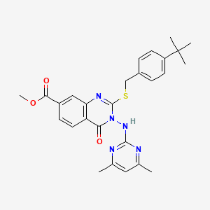 molecular formula C27H29N5O3S B2864358 methyl 2-{[(4-tert-butylphenyl)methyl]sulfanyl}-3-[(4,6-dimethylpyrimidin-2-yl)amino]-4-oxo-3,4-dihydroquinazoline-7-carboxylate CAS No. 443356-13-6
