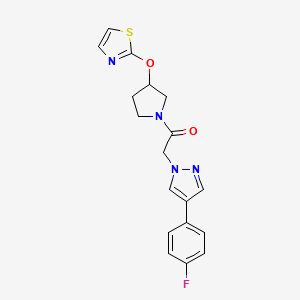 molecular formula C18H17FN4O2S B2864379 2-(4-(4-fluorophenyl)-1H-pyrazol-1-yl)-1-(3-(thiazol-2-yloxy)pyrrolidin-1-yl)ethanone CAS No. 2198128-67-3