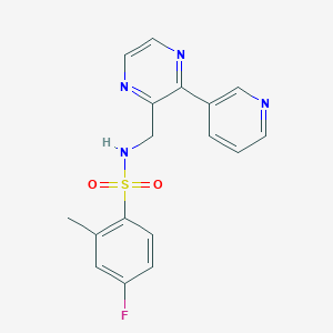 molecular formula C17H15FN4O2S B2864569 4-fluoro-2-methyl-N-((3-(pyridin-3-yl)pyrazin-2-yl)methyl)benzenesulfonamide CAS No. 2034300-80-4