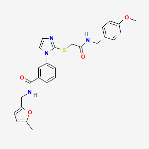 molecular formula C26H26N4O4S B2864588 3-(2-((2-((4-methoxybenzyl)amino)-2-oxoethyl)thio)-1H-imidazol-1-yl)-N-((5-methylfuran-2-yl)methyl)benzamide CAS No. 1115336-10-1