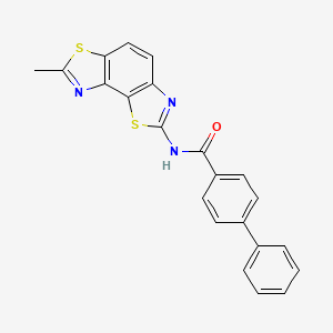 molecular formula C22H15N3OS2 B2864721 N-{11-methyl-3,10-dithia-5,12-diazatricyclo[7.3.0.0^{2,6}]dodeca-1(9),2(6),4,7,11-pentaen-4-yl}-[1,1'-biphenyl]-4-carboxamide CAS No. 476642-07-6