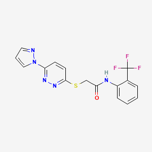 molecular formula C16H12F3N5OS B2864776 2-((6-(1H-pyrazol-1-yl)pyridazin-3-yl)thio)-N-(2-(trifluoromethyl)phenyl)acetamide CAS No. 1351660-87-1