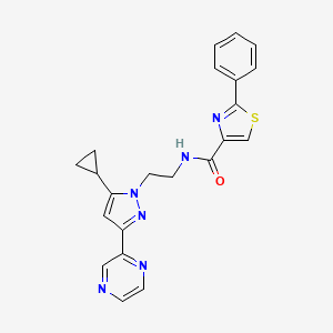 molecular formula C22H20N6OS B2865026 N-(2-(5-cyclopropyl-3-(pyrazin-2-yl)-1H-pyrazol-1-yl)ethyl)-2-phenylthiazole-4-carboxamide CAS No. 2034506-36-8