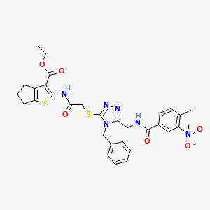 molecular formula C30H30N6O6S2 B2865123 ethyl 2-{2-[(4-benzyl-5-{[(4-methyl-3-nitrophenyl)formamido]methyl}-4H-1,2,4-triazol-3-yl)sulfanyl]acetamido}-4H,5H,6H-cyclopenta[b]thiophene-3-carboxylate CAS No. 393849-91-7
