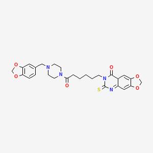 molecular formula C27H30N4O6S B2865239 7-(6-{4-[(2H-1,3-benzodioxol-5-yl)methyl]piperazin-1-yl}-6-oxohexyl)-6-sulfanylidene-2H,5H,6H,7H,8H-[1,3]dioxolo[4,5-g]quinazolin-8-one CAS No. 896704-48-6