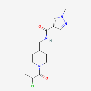 molecular formula C14H21ClN4O2 B2865295 N-[[1-(2-Chloropropanoyl)piperidin-4-yl]methyl]-1-methylpyrazole-4-carboxamide CAS No. 2411257-49-1