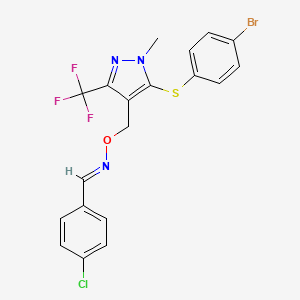 molecular formula C19H14BrClF3N3OS B2865386 4-chlorobenzenecarbaldehyde O-{[5-[(4-bromophenyl)sulfanyl]-1-methyl-3-(trifluoromethyl)-1H-pyrazol-4-yl]methyl}oxime CAS No. 477712-44-0