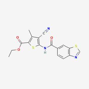 molecular formula C17H13N3O3S2 B2865390 ethyl 5-(1,3-benzothiazole-6-amido)-4-cyano-3-methylthiophene-2-carboxylate CAS No. 896324-21-3