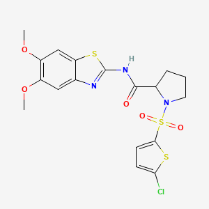 molecular formula C18H18ClN3O5S3 B2865566 1-((5-chlorothiophen-2-yl)sulfonyl)-N-(5,6-dimethoxybenzo[d]thiazol-2-yl)pyrrolidine-2-carboxamide CAS No. 1097191-26-8