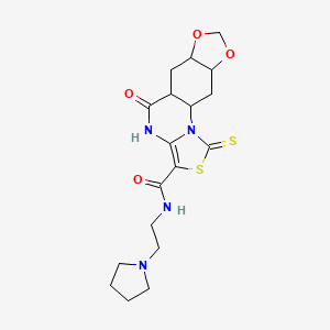 molecular formula C18H18N4O4S2 B2865572 8-oxo-N-[2-(pyrrolidin-1-yl)ethyl]-3-sulfanylidene-12,14-dioxa-4-thia-2,7-diazatetracyclo[7.7.0.0^{2,6}.0^{11,15}]hexadeca-1(9),5,10,15-tetraene-5-carboxamide CAS No. 2320727-26-0
