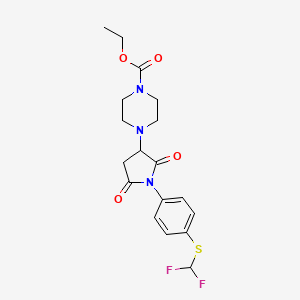 molecular formula C18H21F2N3O4S B2865587 Ethyl 4-[1-[4-(difluoromethylsulfanyl)phenyl]-2,5-dioxopyrrolidin-3-yl]piperazine-1-carboxylate CAS No. 857494-09-8