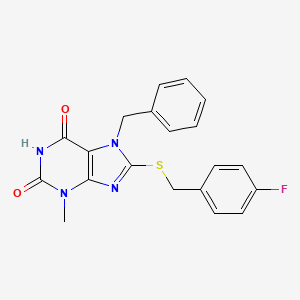 molecular formula C20H17FN4O2S B2865626 7-苄基-8-((4-氟苄基)硫)-3-甲基-1H-嘌呤-2,6(3H,7H)-二酮 CAS No. 377053-91-3