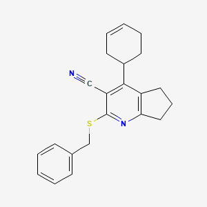 molecular formula C22H22N2S B2865862 2-(benzylsulfanyl)-4-(cyclohex-3-en-1-yl)-5H,6H,7H-cyclopenta[b]pyridine-3-carbonitrile CAS No. 337501-02-7