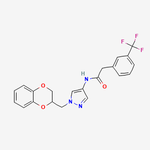 molecular formula C21H18F3N3O3 B2865926 N-{1-[(2,3-dihydro-1,4-benzodioxin-2-yl)methyl]-1H-pyrazol-4-yl}-2-[3-(trifluoromethyl)phenyl]acetamide CAS No. 1795299-53-4