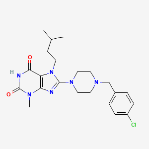 molecular formula C22H29ClN6O2 B2865979 8-[4-[(4-Chlorophenyl)methyl]piperazin-1-yl]-3-methyl-7-(3-methylbutyl)purine-2,6-dione CAS No. 879580-50-4