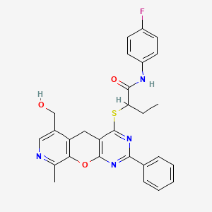 molecular formula C28H25FN4O3S B2865990 N-(4-fluorophenyl)-2-{[11-(hydroxymethyl)-14-methyl-5-phenyl-2-oxa-4,6,13-triazatricyclo[8.4.0.0^{3,8}]tetradeca-1(10),3(8),4,6,11,13-hexaen-7-yl]sulfanyl}butanamide CAS No. 892386-75-3