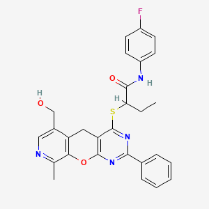 molecular formula C28H25FN4O3S B2865990 N-(4-fluorophenyl)-2-((6-(hydroxymethyl)-9-methyl-2-phenyl-5H-pyrido[4',3':5,6]pyrano[2,3-d]pyrimidin-4-yl)thio)butanamide CAS No. 892386-75-3