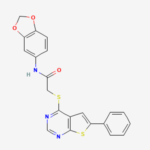 molecular formula C21H15N3O3S2 B2866044 N-(1,3-benzodioxol-5-yl)-2-[(6-phenylthieno[2,3-d]pyrimidin-4-yl)sulfanyl]acetamide CAS No. 315708-10-2