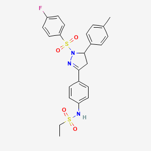 molecular formula C24H24FN3O4S2 B2866170 N-{4-[1-(4-fluorobenzenesulfonyl)-5-(4-methylphenyl)-4,5-dihydro-1H-pyrazol-3-yl]phenyl}ethane-1-sulfonamide CAS No. 851781-40-3
