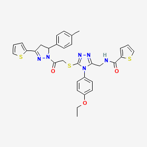 molecular formula C32H30N6O3S3 B2866436 N-((4-(4-ethoxyphenyl)-5-((2-oxo-2-(3-(thiophen-2-yl)-5-(p-tolyl)-4,5-dihydro-1H-pyrazol-1-yl)ethyl)thio)-4H-1,2,4-triazol-3-yl)methyl)thiophene-2-carboxamide CAS No. 362508-92-7