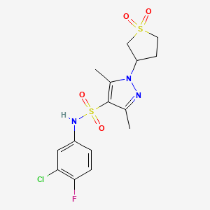 molecular formula C15H17ClFN3O4S2 B2866455 N-(3-chloro-4-fluorophenyl)-1-(1,1-dioxo-1lambda6-thiolan-3-yl)-3,5-dimethyl-1H-pyrazole-4-sulfonamide CAS No. 942704-43-0