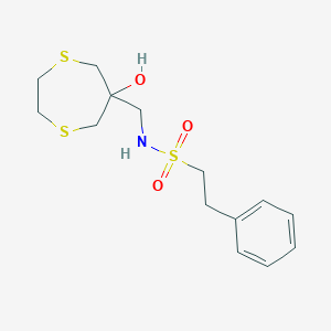 molecular formula C14H21NO3S3 B2866507 N-[(6-hydroxy-1,4-dithiepan-6-yl)methyl]-2-phenylethane-1-sulfonamide CAS No. 2415630-13-4