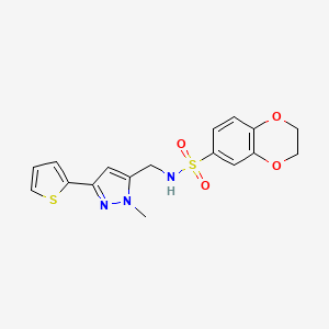 molecular formula C17H17N3O4S2 B2866656 N-{[1-methyl-3-(thiophen-2-yl)-1H-pyrazol-5-yl]methyl}-2,3-dihydro-1,4-benzodioxine-6-sulfonamide CAS No. 2320575-77-5
