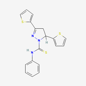 molecular formula C18H15N3S3 B2866783 N-phenyl-3,5-di(thiophen-2-yl)-4,5-dihydro-1H-pyrazole-1-carbothioamide CAS No. 37865-33-1