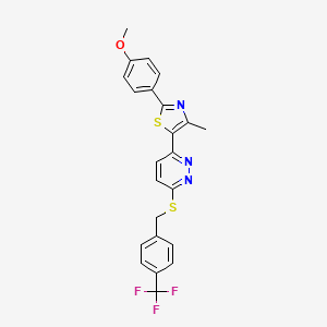 molecular formula C23H18F3N3OS2 B2866985 3-[2-(4-methoxyphenyl)-4-methyl-1,3-thiazol-5-yl]-6-({[4-(trifluoromethyl)phenyl]methyl}sulfanyl)pyridazine CAS No. 954661-55-3