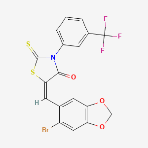molecular formula C18H9BrF3NO3S2 B2867027 (5E)-5-[(6-BROMO-2H-1,3-BENZODIOXOL-5-YL)METHYLIDENE]-2-SULFANYLIDENE-3-[3-(TRIFLUOROMETHYL)PHENYL]-1,3-THIAZOLIDIN-4-ONE CAS No. 313977-06-9