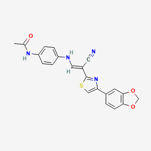 molecular formula C21H16N4O3S B2867225 N-(4-{[(1E)-2-[4-(2H-1,3-BENZODIOXOL-5-YL)-1,3-THIAZOL-2-YL]-2-CYANOETH-1-EN-1-YL]AMINO}PHENYL)ACETAMIDE 