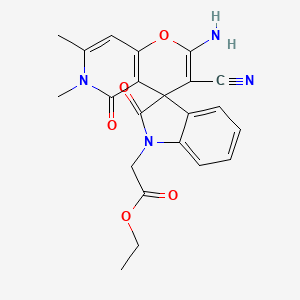 molecular formula C22H20N4O5 B2867237 Ethyl 2-(2'-amino-3'-cyano-6',7'-dimethyl-2,5'-dioxo-5',6'-dihydrospiro[indoline-3,4'-pyrano[3,2-c]pyridin]-1-yl)acetate CAS No. 886179-06-2