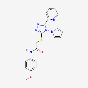 molecular formula C20H18N6O2S B2867326 N-(4-methoxyphenyl)-2-{[5-(pyridin-2-yl)-4-(1H-pyrrol-1-yl)-4H-1,2,4-triazol-3-yl]sulfanyl}acetamide CAS No. 886937-28-6